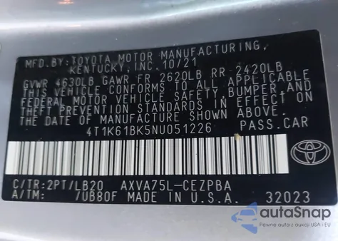 2022 Toyota Camry Xse Awd z USA, uszkodzony, nr VIN 4T1K61BK5NU051226